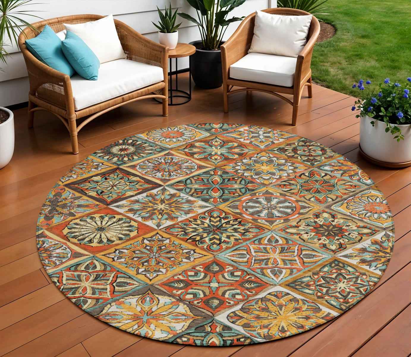 8' Gold And Orange Round Patchwork Washable Indoor Outdoor Area Rug