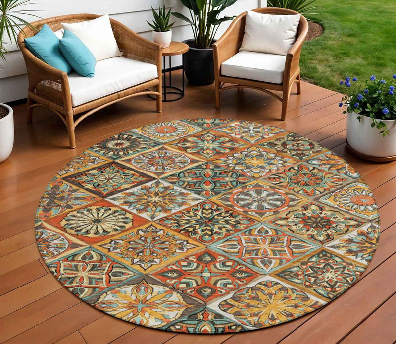 8' Gold And Orange Round Patchwork Washable Indoor Outdoor Area Rug