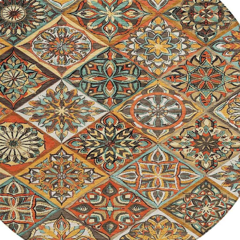 8' Gold And Orange Round Patchwork Washable Indoor Outdoor Area Rug