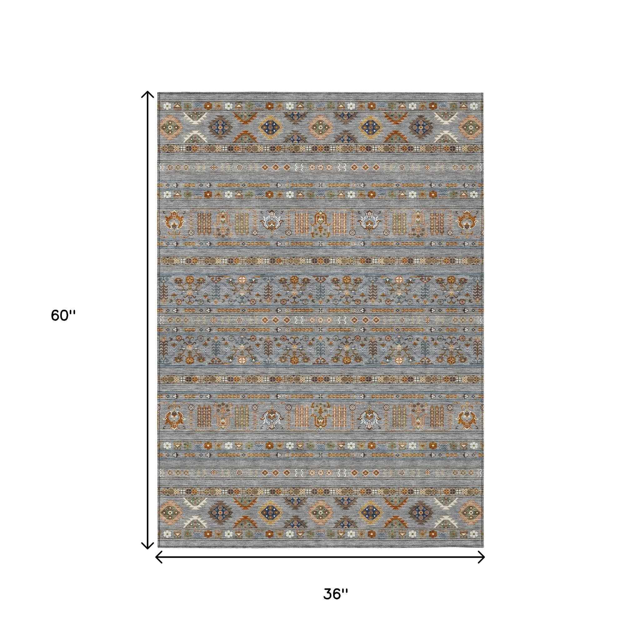 3' X 5' Gray Blue And Copper Tribal Washable Indoor Outdoor Area Rug