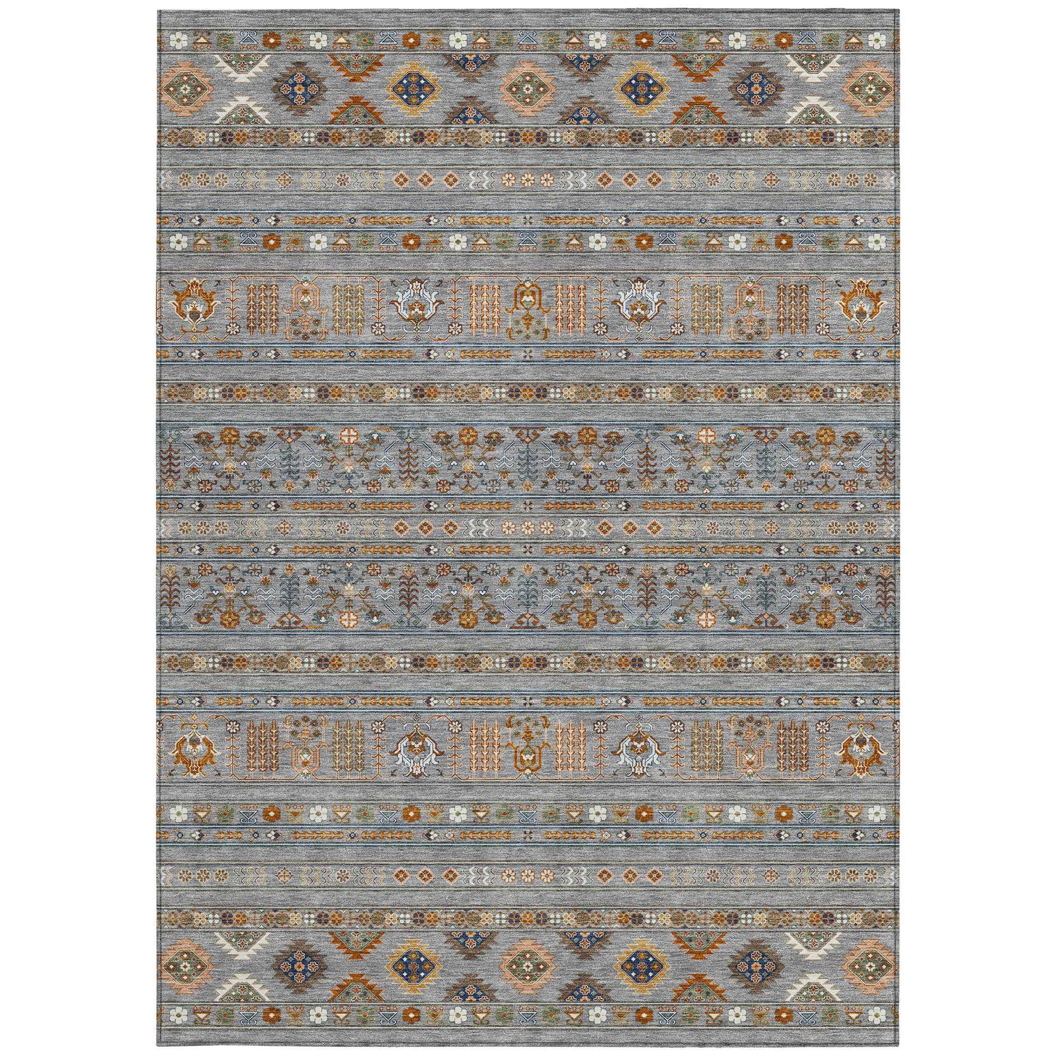 3' X 5' Gray Blue And Copper Tribal Washable Indoor Outdoor Area Rug