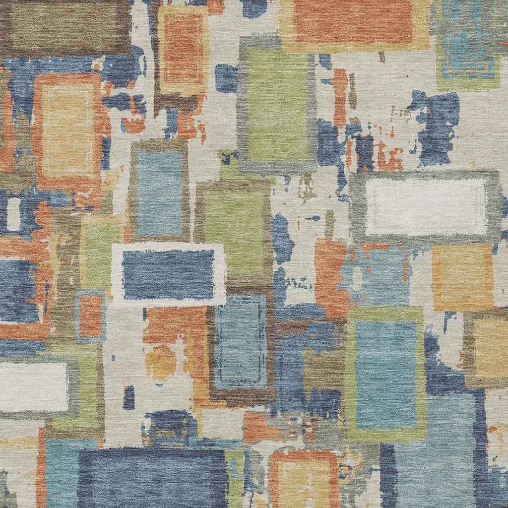 10' X 14' Denim Blue Copper And Green Geometric Washable Indoor Outdoor Area Rug