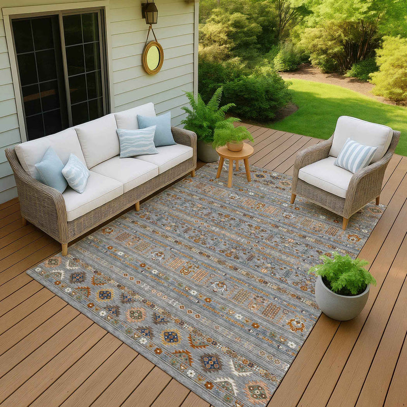 3' X 5' Gray Blue And Copper Tribal Washable Indoor Outdoor Area Rug