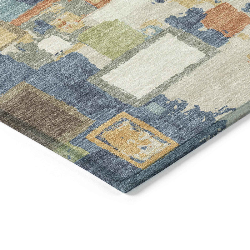 10' X 14' Denim Blue Copper And Green Geometric Washable Indoor Outdoor Area Rug