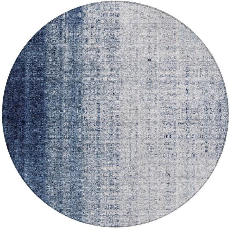 8' Blue And Ivory Round Striped Washable Indoor Outdoor Area Rug