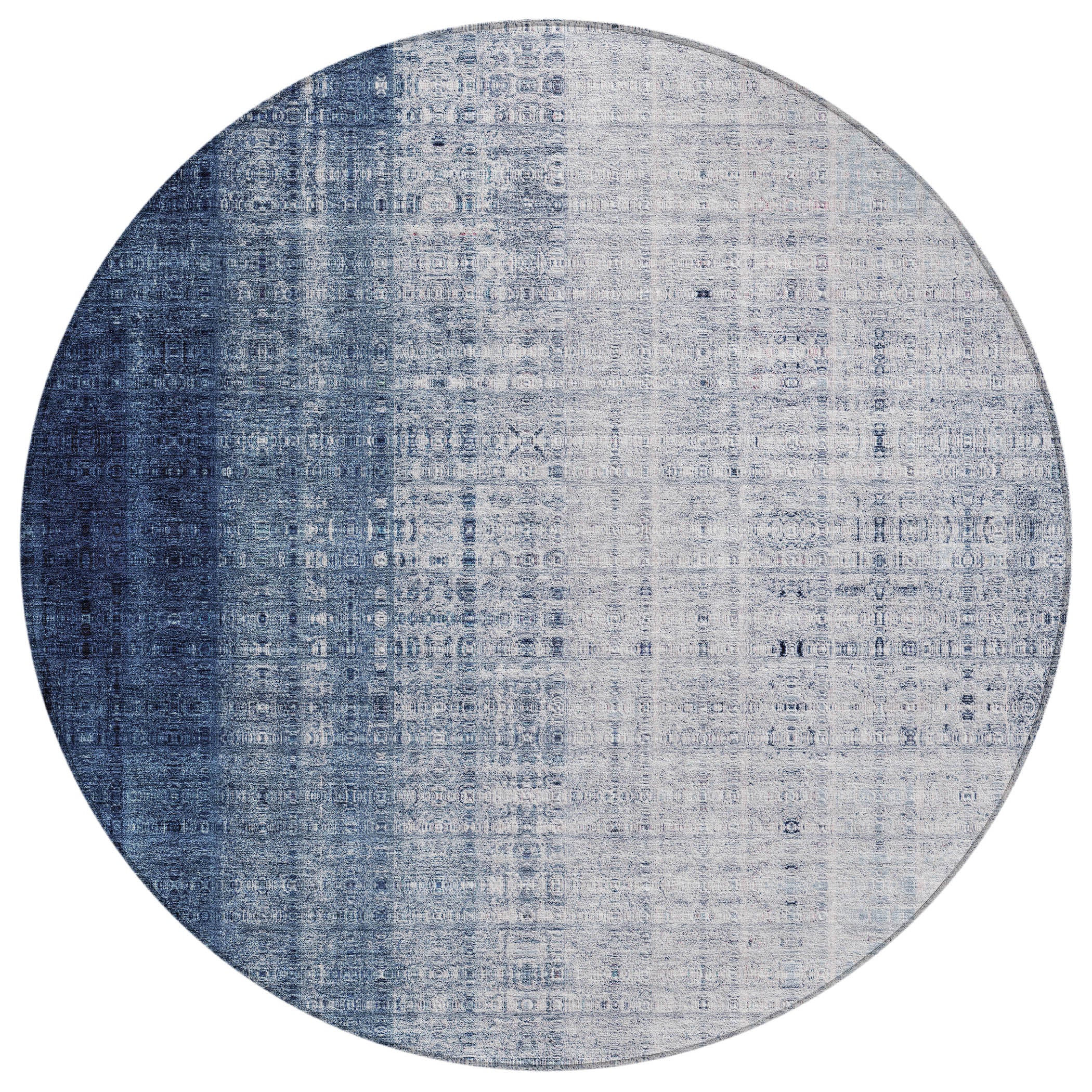 8' Blue And Ivory Round Striped Washable Indoor Outdoor Area Rug