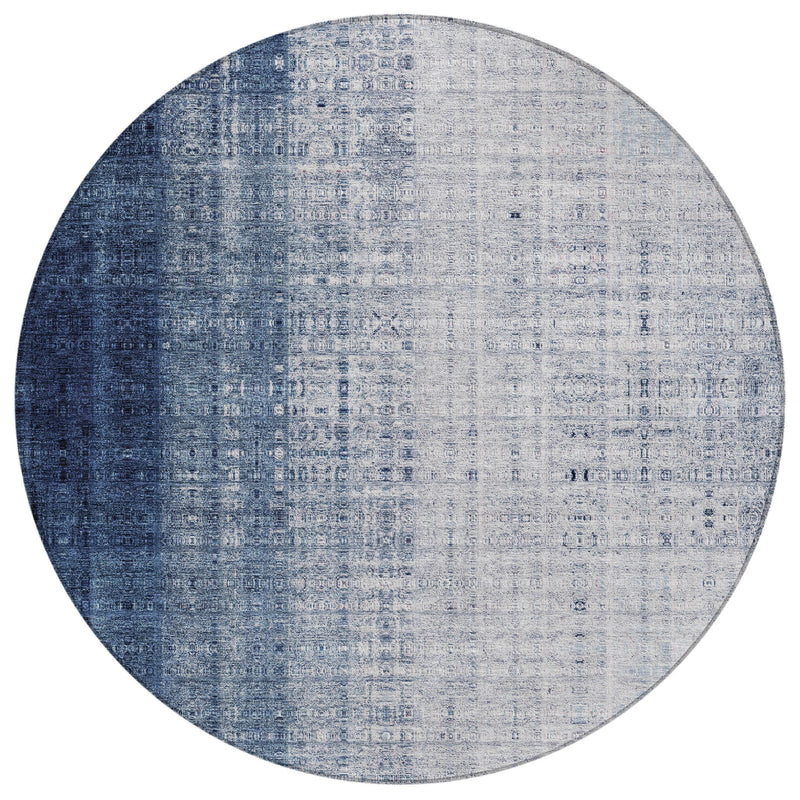 8' Blue And Ivory Round Striped Washable Indoor Outdoor Area Rug