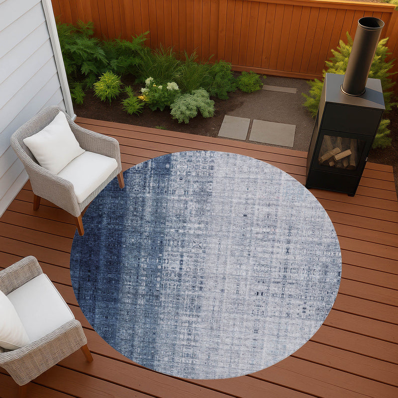 8' Blue And Ivory Round Striped Washable Indoor Outdoor Area Rug
