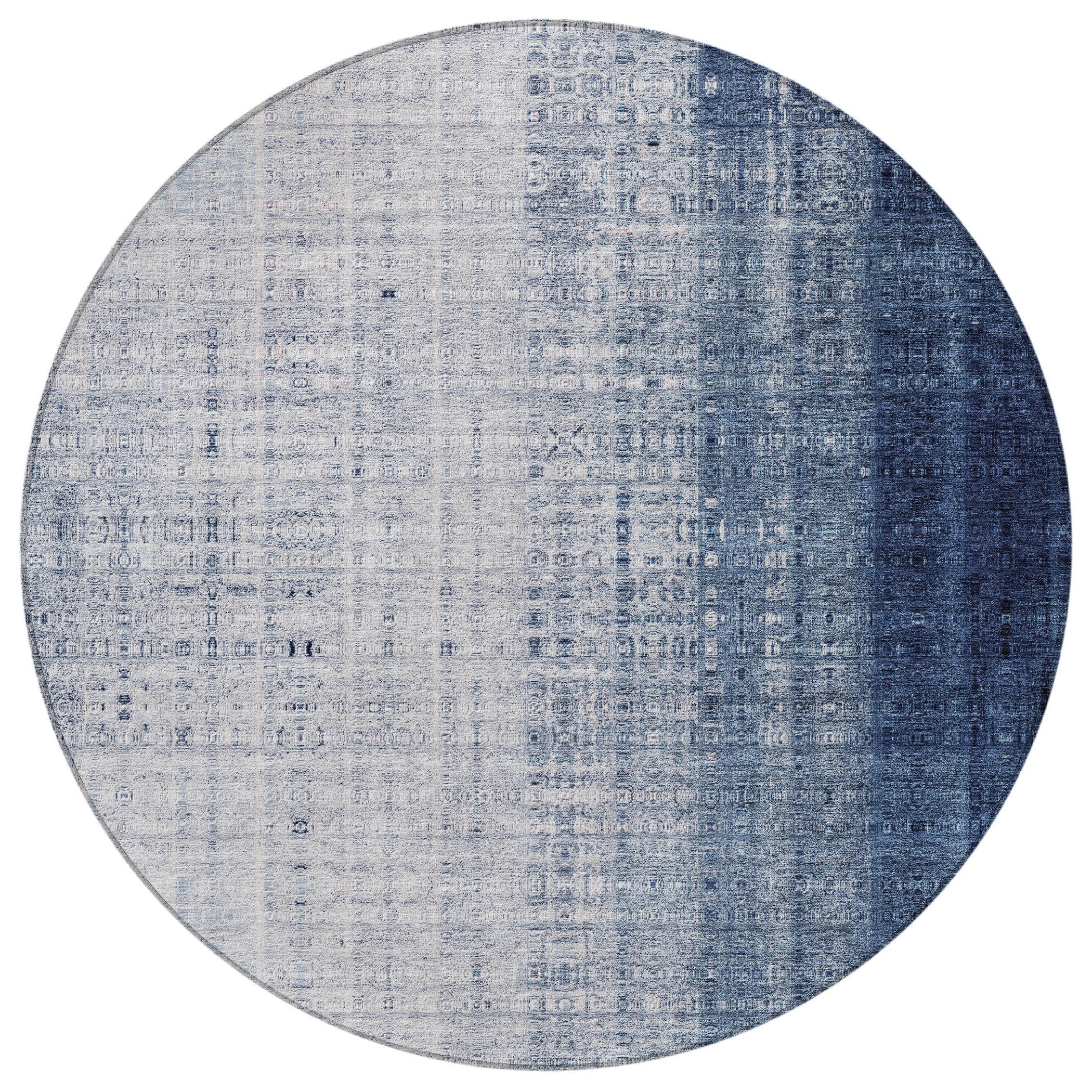 8' Blue And Ivory Round Striped Washable Indoor Outdoor Area Rug