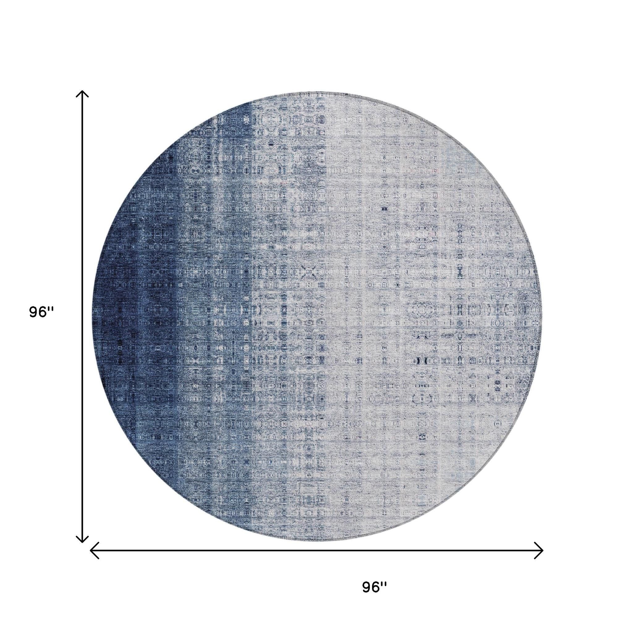 8' Blue And Ivory Round Striped Washable Indoor Outdoor Area Rug