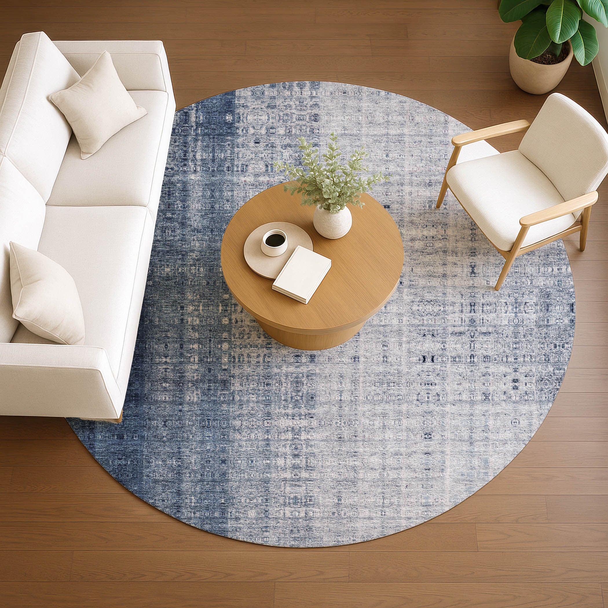 8' Blue And Ivory Round Striped Washable Indoor Outdoor Area Rug