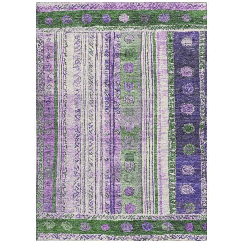 8' X 10' Green And Purple Striped Washable Indoor Outdoor Area Rug