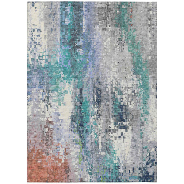 10' X 14' Teal Blue Ivory Gray And Copper Abstract Washable Indoor Outdoor Area Rug
