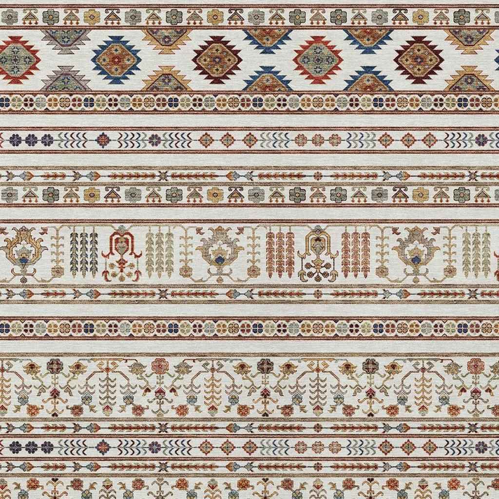 9' X 12' Ivory Blue And Copper Tribal Washable Indoor Outdoor Area Rug