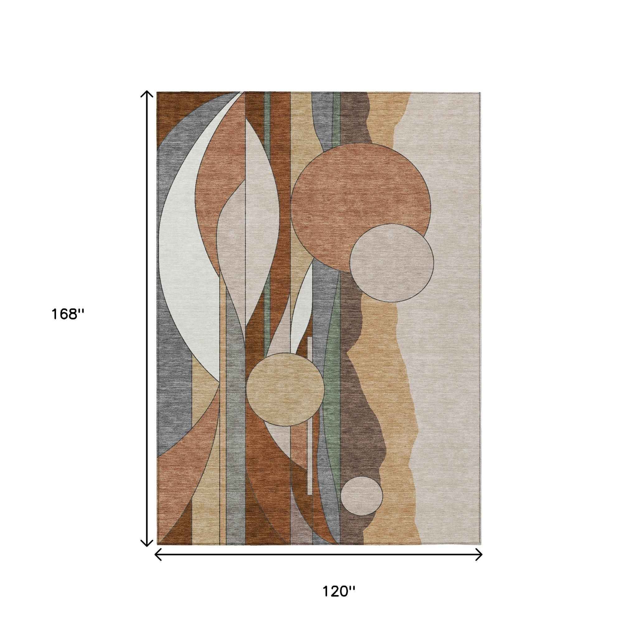 10' X 14' Copper And Ivory Geometric Washable Indoor Outdoor Area Rug