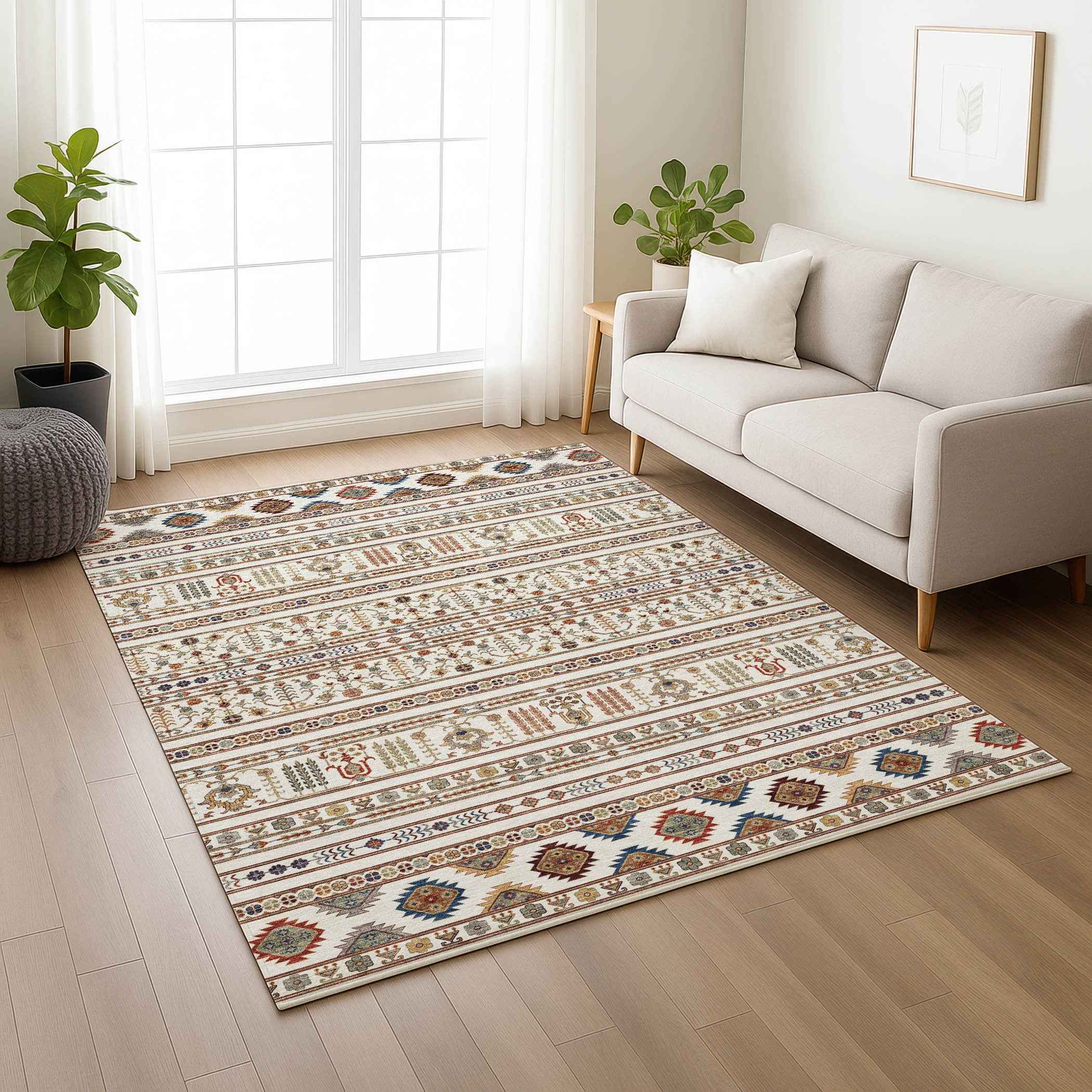 9' X 12' Ivory Blue And Copper Tribal Washable Indoor Outdoor Area Rug