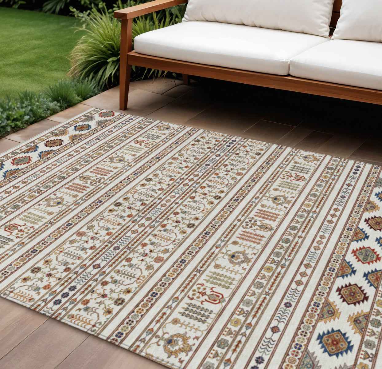 9' X 12' Ivory Blue And Copper Tribal Washable Indoor Outdoor Area Rug