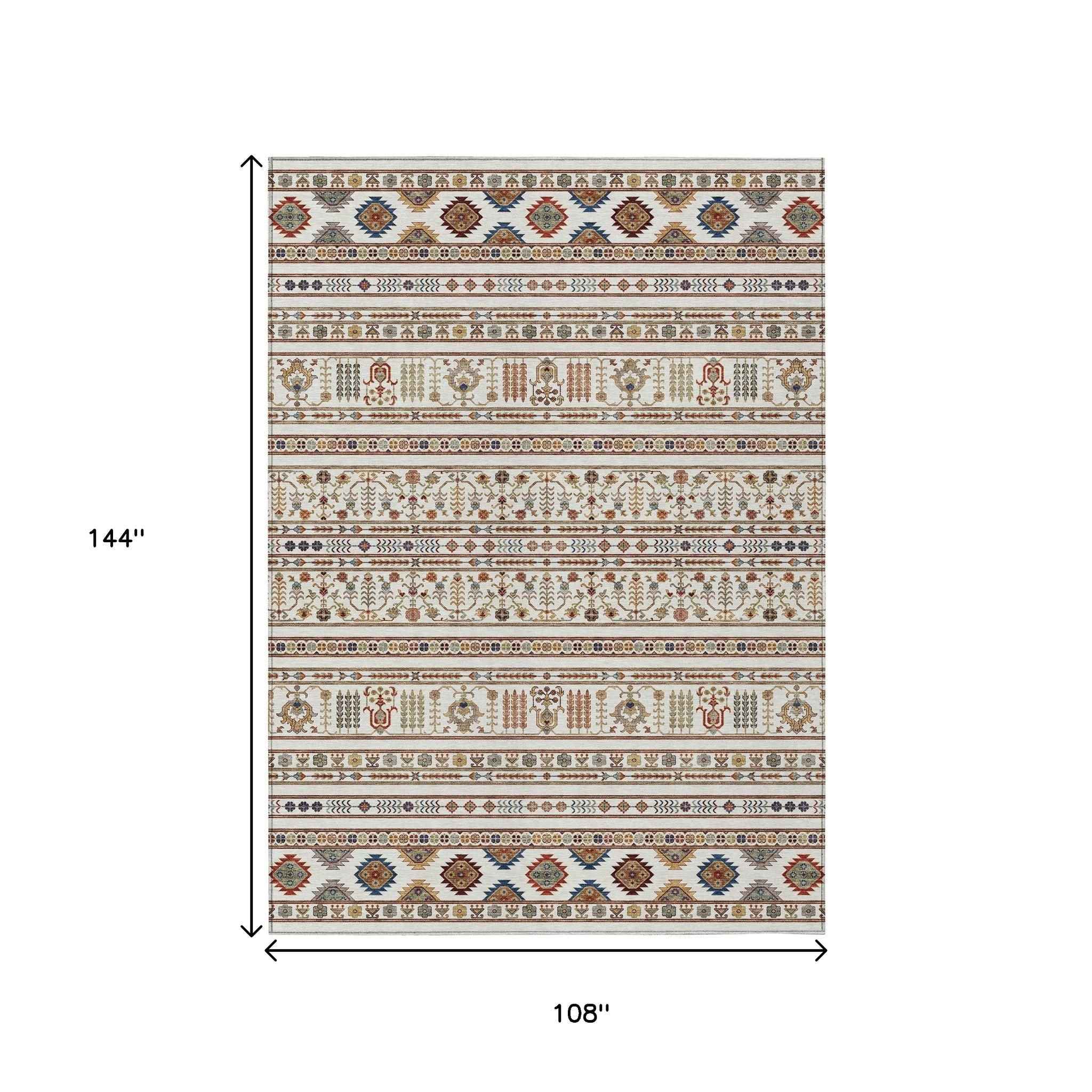 9' X 12' Ivory Blue And Copper Tribal Washable Indoor Outdoor Area Rug