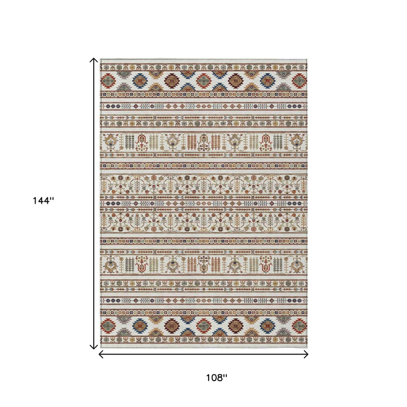 9' X 12' Ivory Blue And Copper Tribal Washable Indoor Outdoor Area Rug