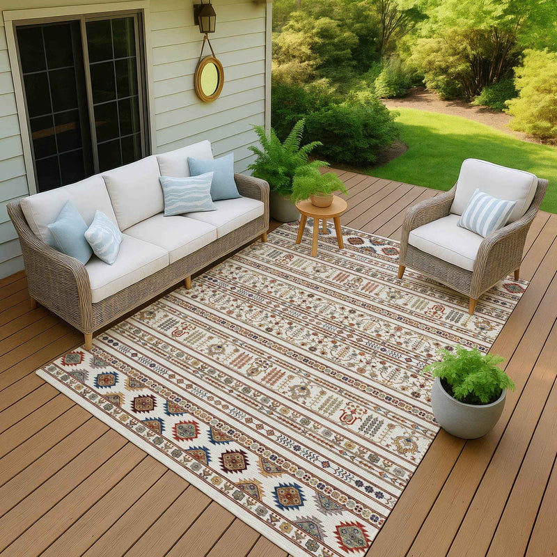 9' X 12' Ivory Blue And Copper Tribal Washable Indoor Outdoor Area Rug