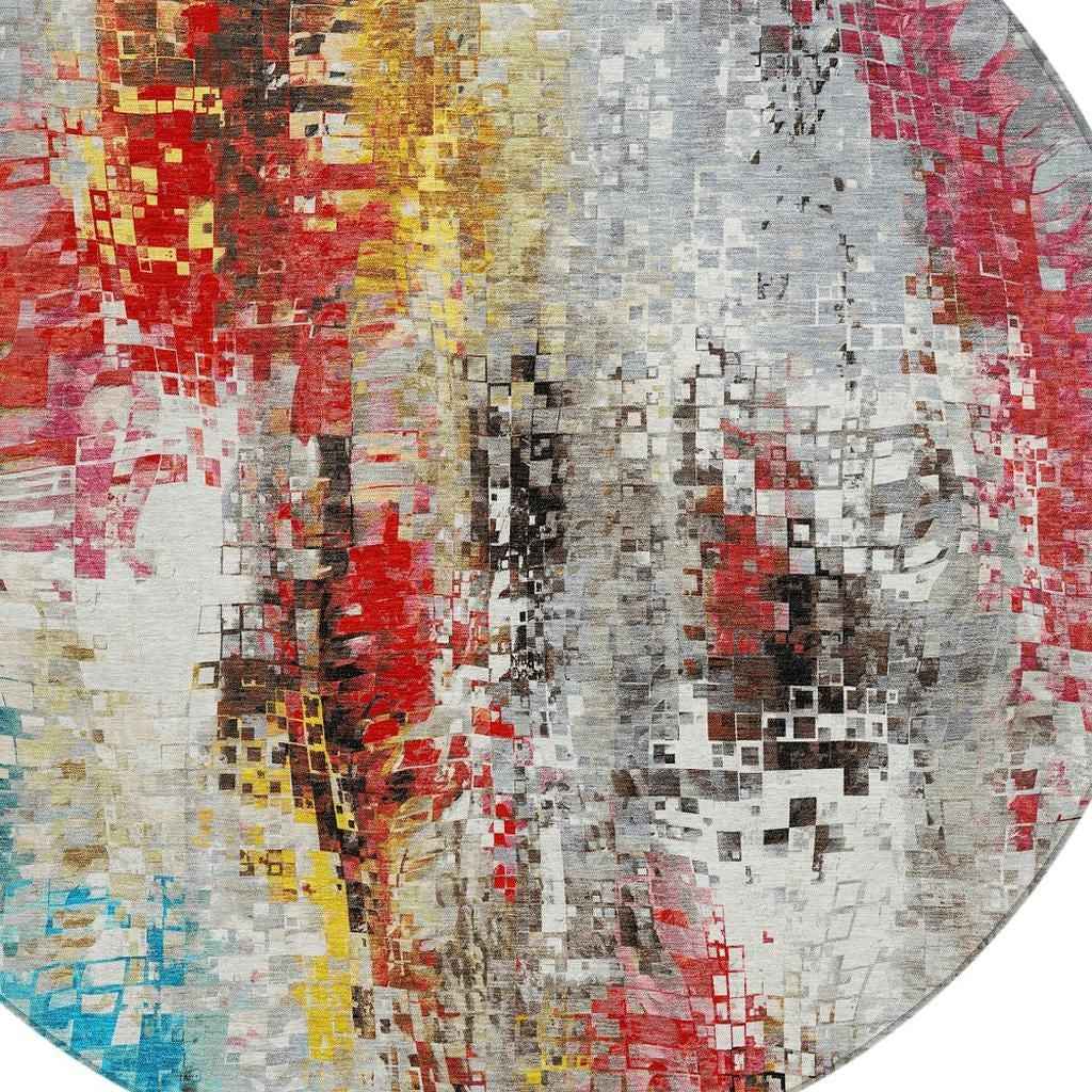 8' Silver Red Teal Blue And Ivory Round Abstract Washable Indoor Outdoor Area Rug