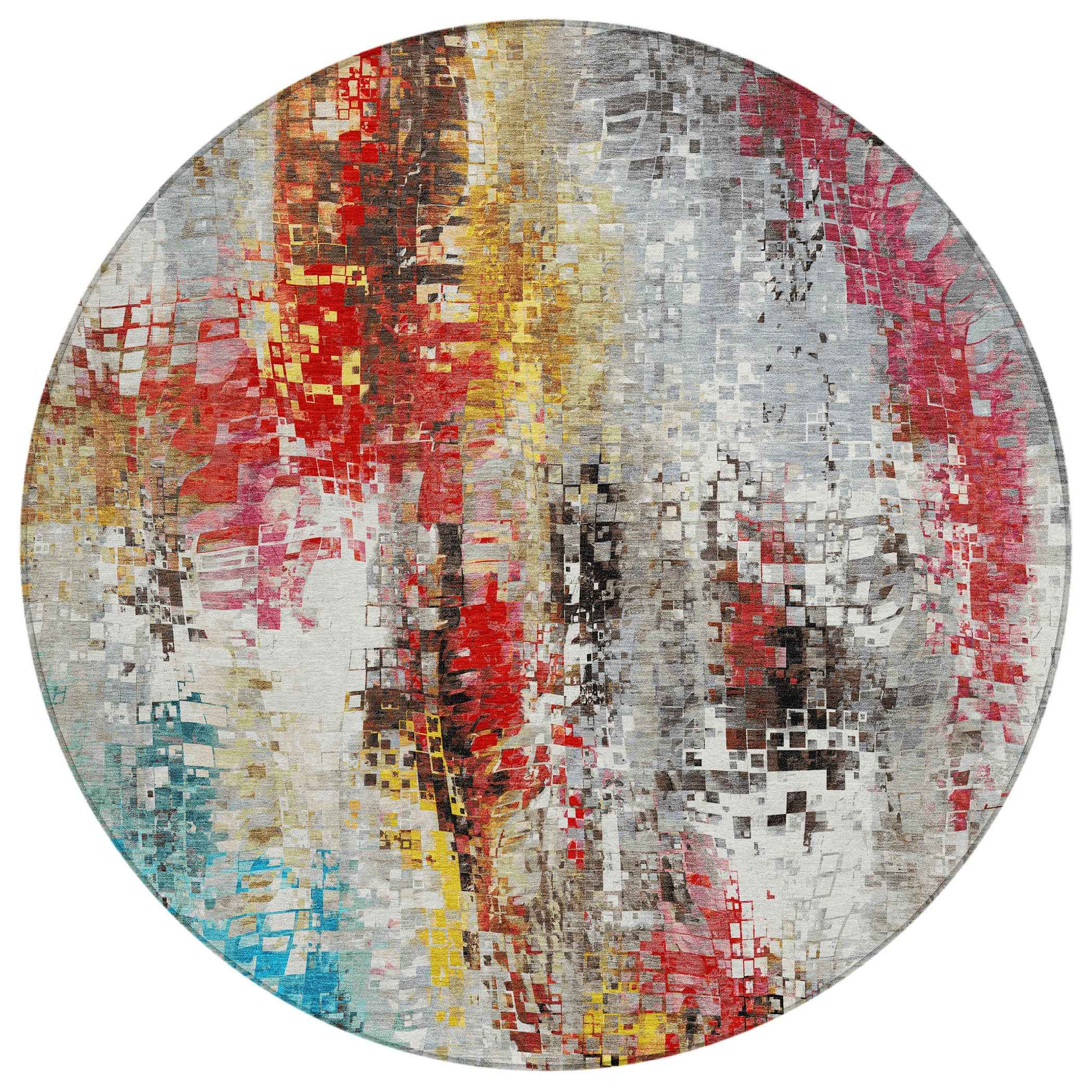 8' Silver Red Teal Blue And Ivory Round Abstract Washable Indoor Outdoor Area Rug