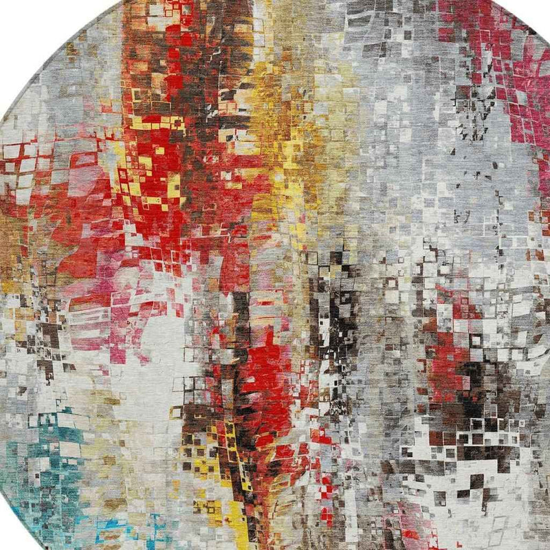 8' Silver Red Teal Blue And Ivory Round Abstract Washable Indoor Outdoor Area Rug