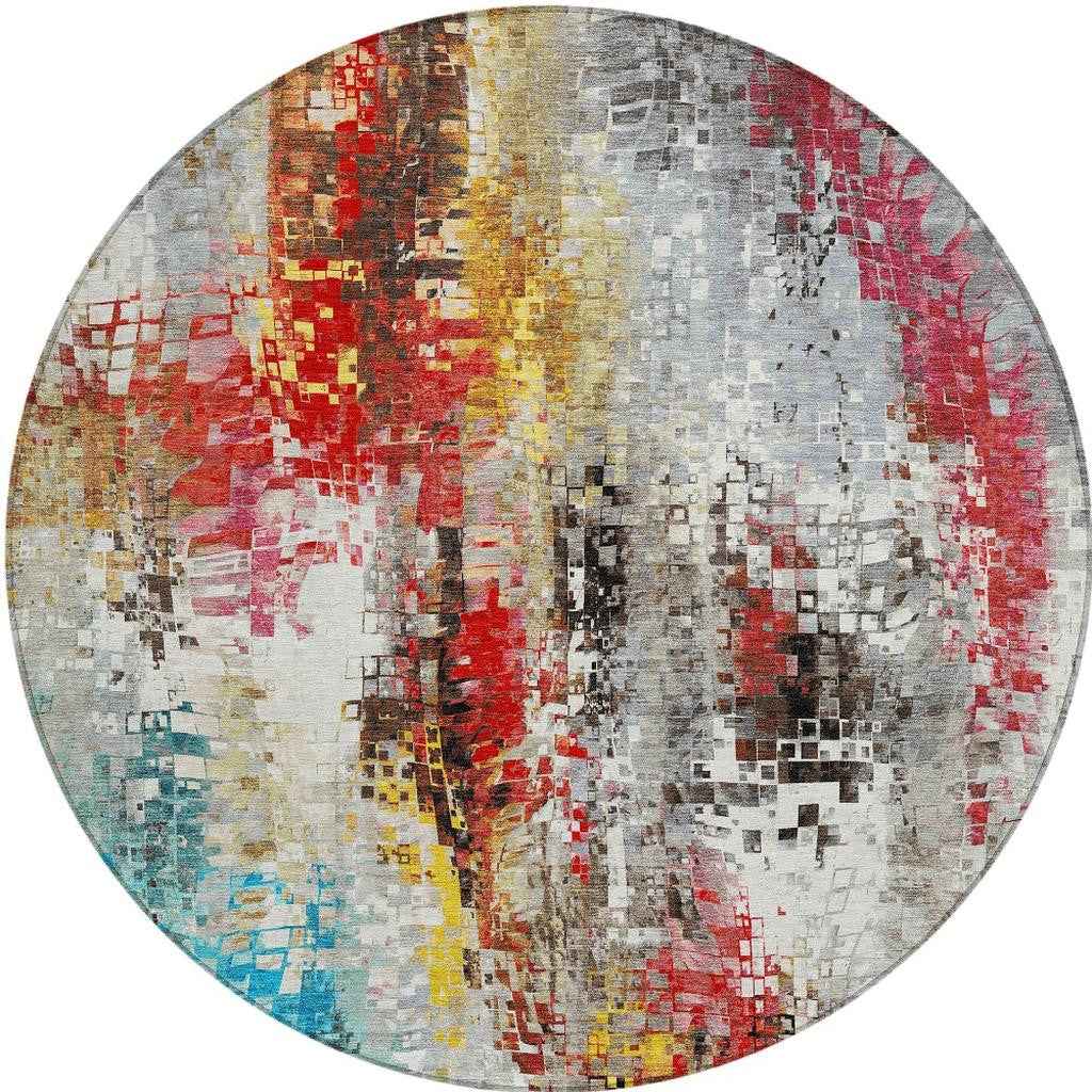 8' Silver Red Teal Blue And Ivory Round Abstract Washable Indoor Outdoor Area Rug