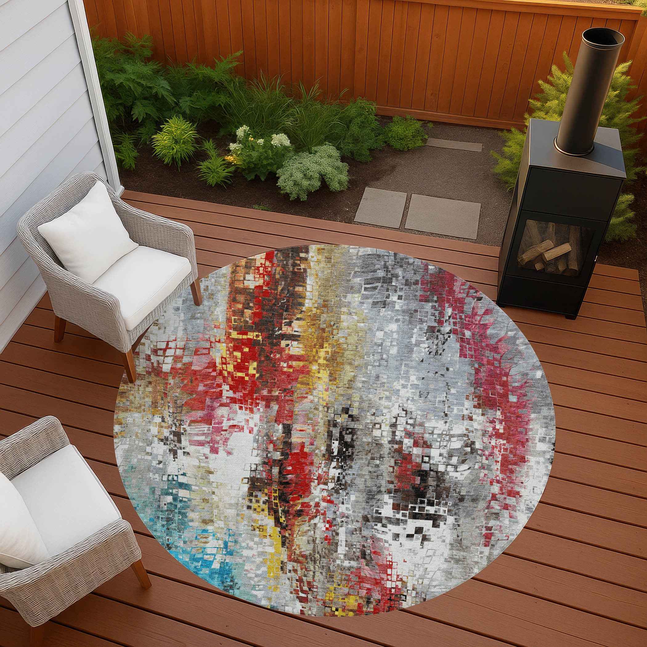 8' Silver Red Teal Blue And Ivory Round Abstract Washable Indoor Outdoor Area Rug