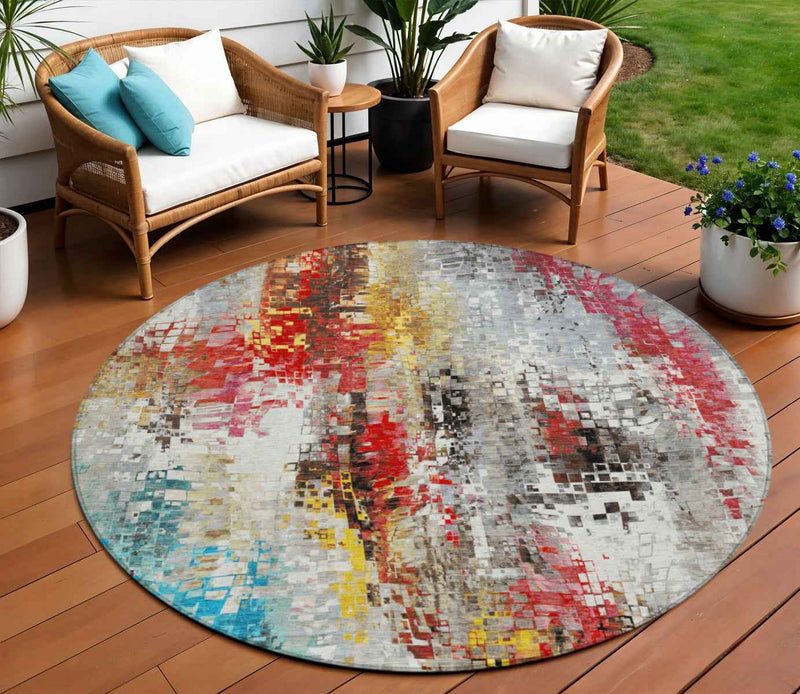8' Silver Red Teal Blue And Ivory Round Abstract Washable Indoor Outdoor Area Rug