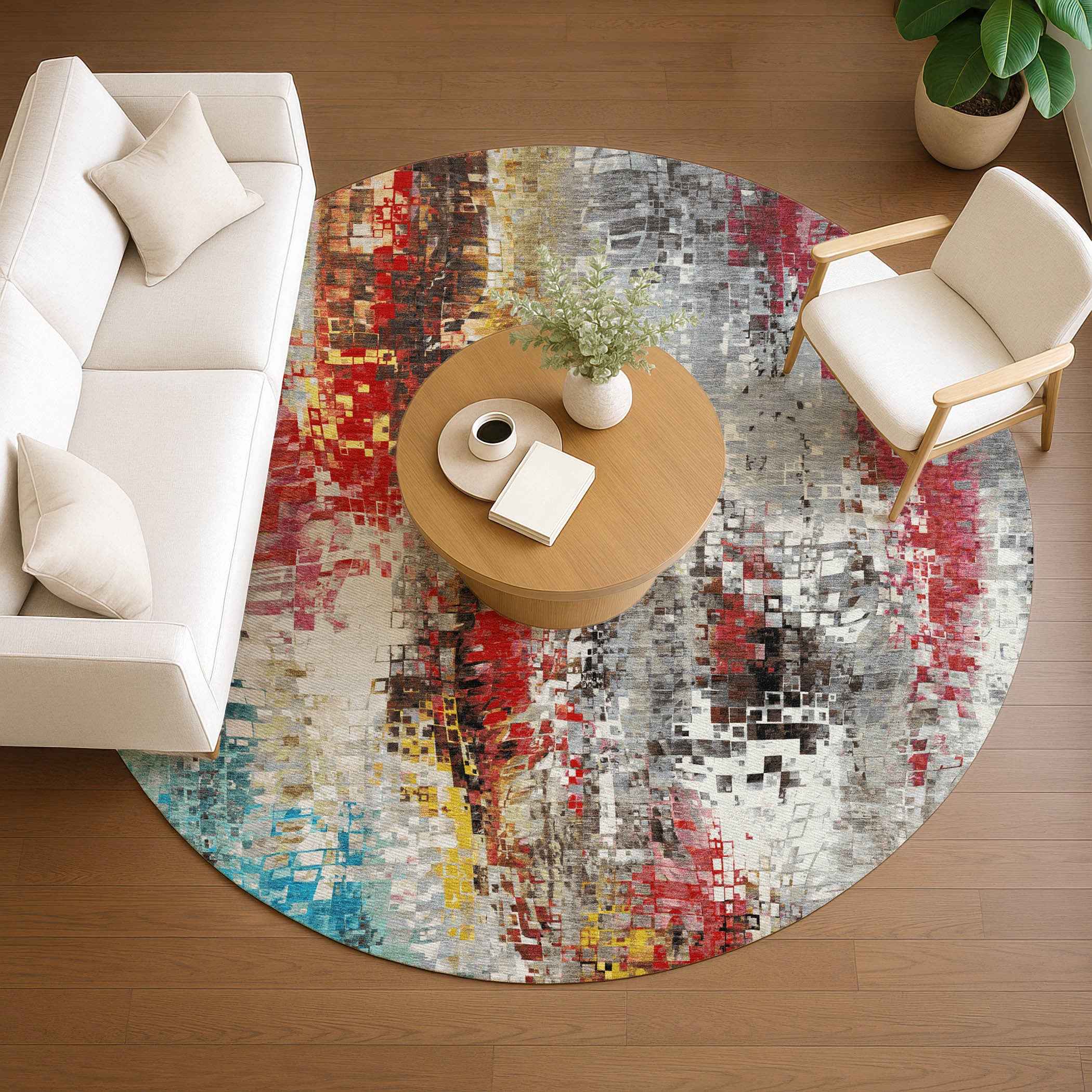 8' Silver Red Teal Blue And Ivory Round Abstract Washable Indoor Outdoor Area Rug