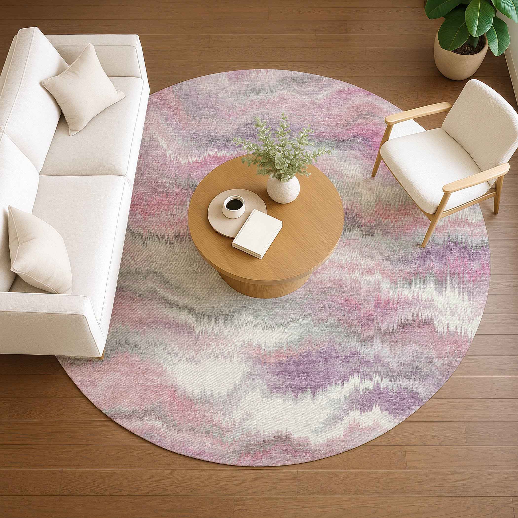 8' Blush And Ivory Round Abstract Washable Indoor Outdoor Area Rug
