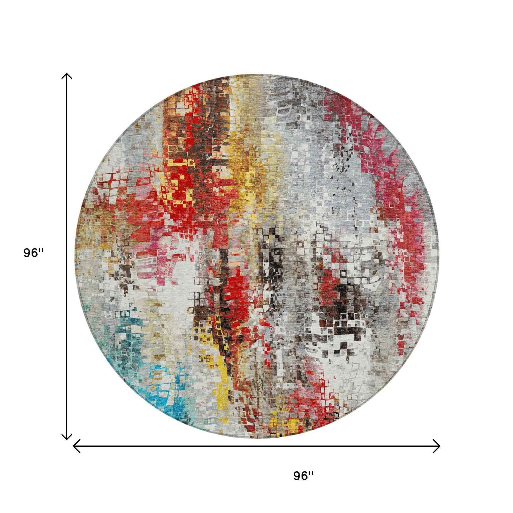 8' Silver Red Teal Blue And Ivory Round Abstract Washable Indoor Outdoor Area Rug