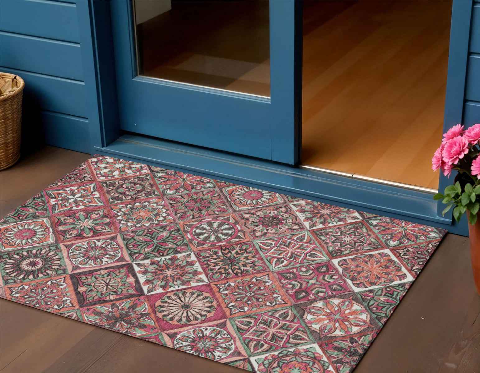 3' X 5' Blush And Green Patchwork Washable Indoor Outdoor Area Rug