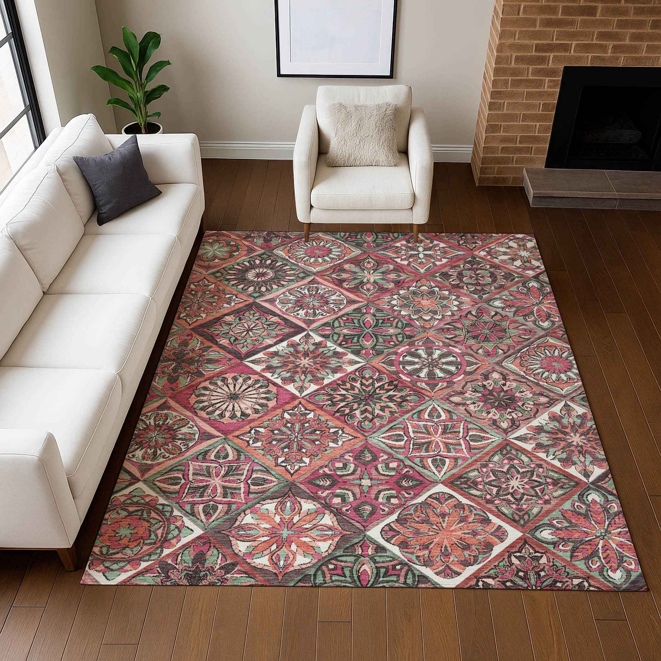 3' X 5' Blush And Green Patchwork Washable Indoor Outdoor Area Rug