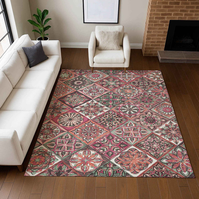 3' X 5' Blush And Green Patchwork Washable Indoor Outdoor Area Rug