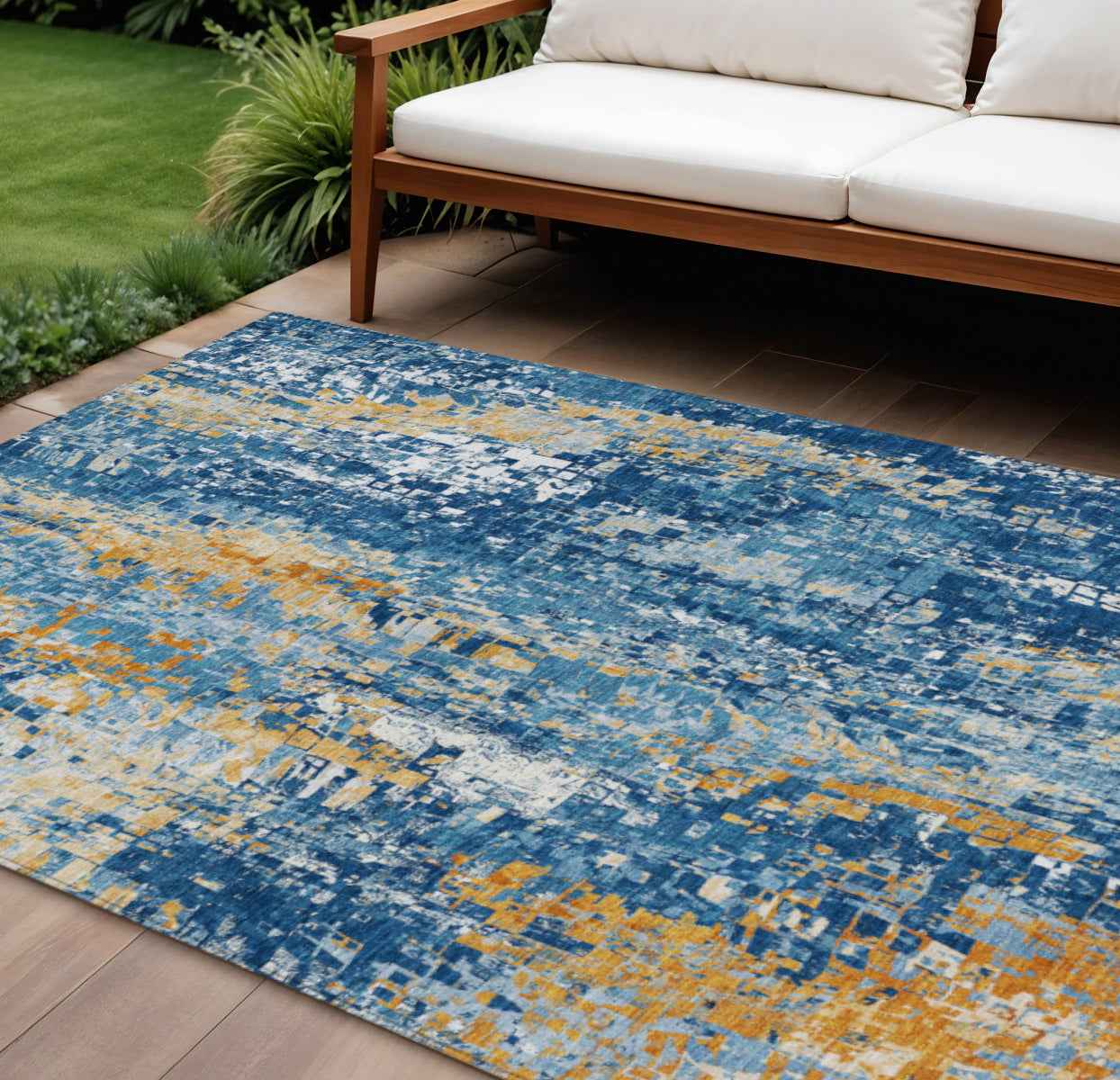 8' X 10' Navy Blue Gold And Ivory Abstract Washable Indoor Outdoor Area Rug