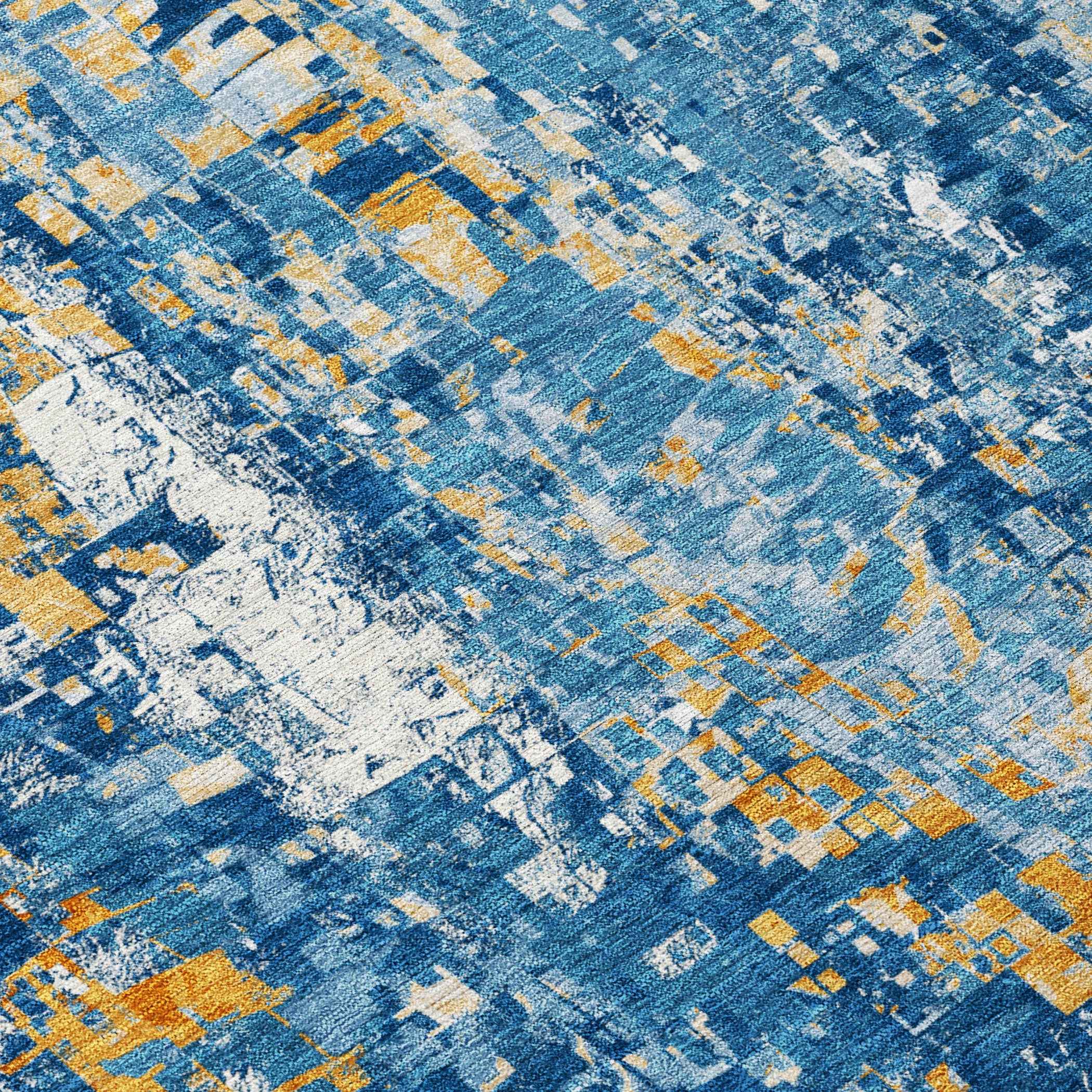 8' X 10' Navy Blue Gold And Ivory Abstract Washable Indoor Outdoor Area Rug