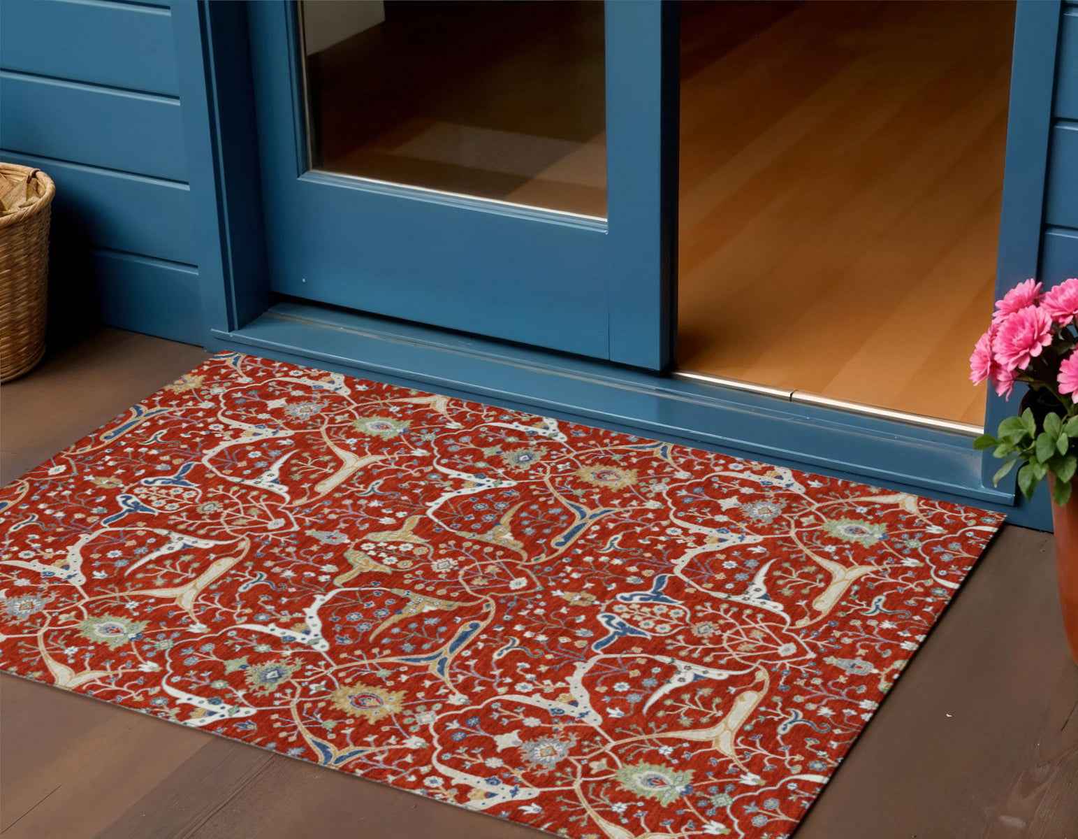 3' X 5' Red Blue And Ivory Floral Washable Indoor Outdoor Area Rug