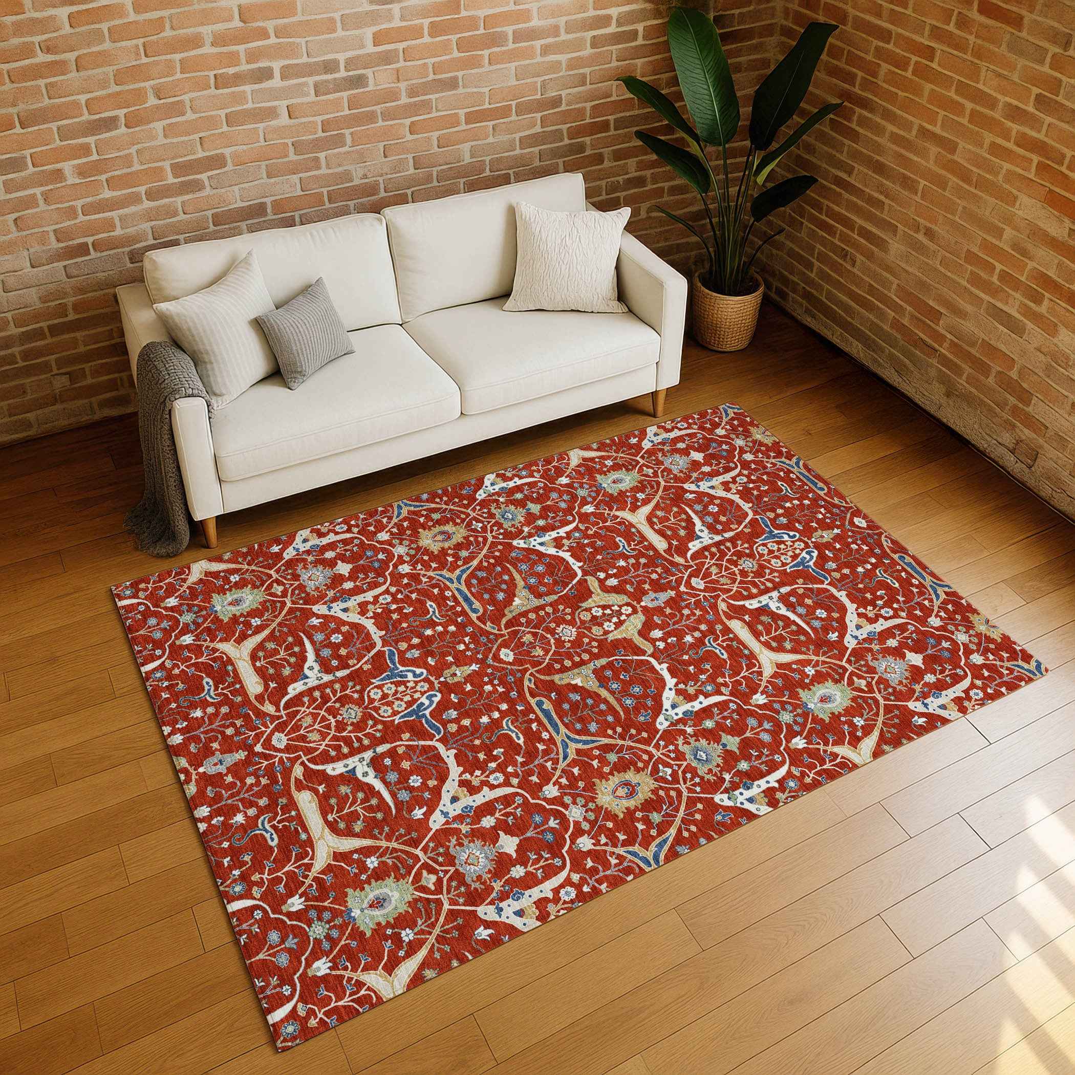 3' X 5' Red Blue And Ivory Floral Washable Indoor Outdoor Area Rug
