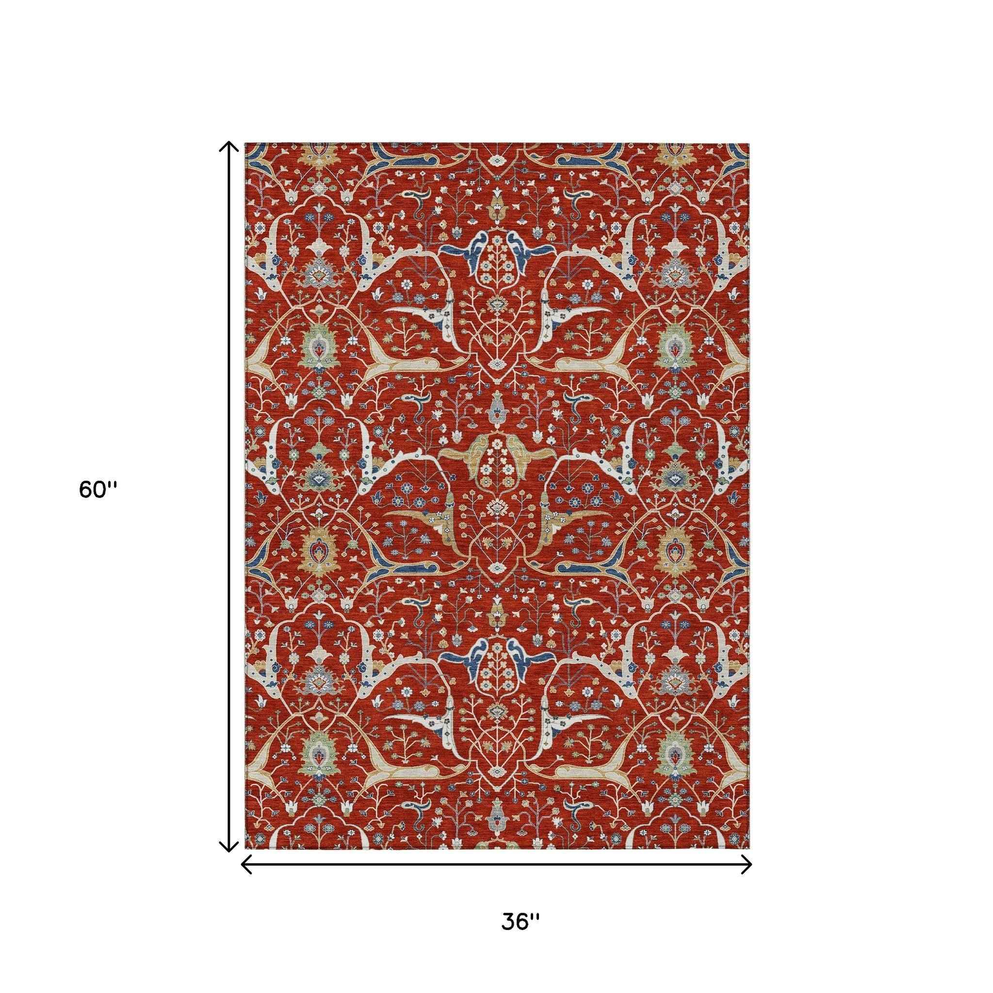 3' X 5' Red Blue And Ivory Floral Washable Indoor Outdoor Area Rug