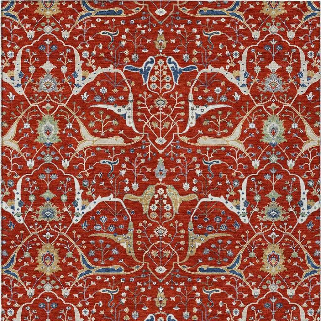 3' X 5' Red Blue And Ivory Floral Washable Indoor Outdoor Area Rug