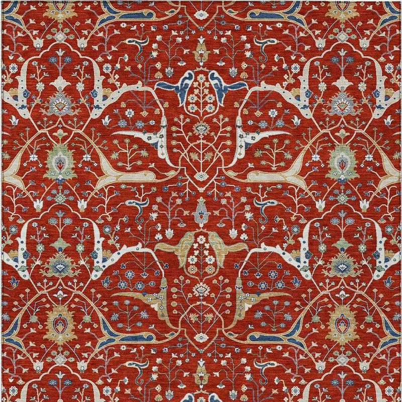 3' X 5' Red Blue And Ivory Floral Washable Indoor Outdoor Area Rug