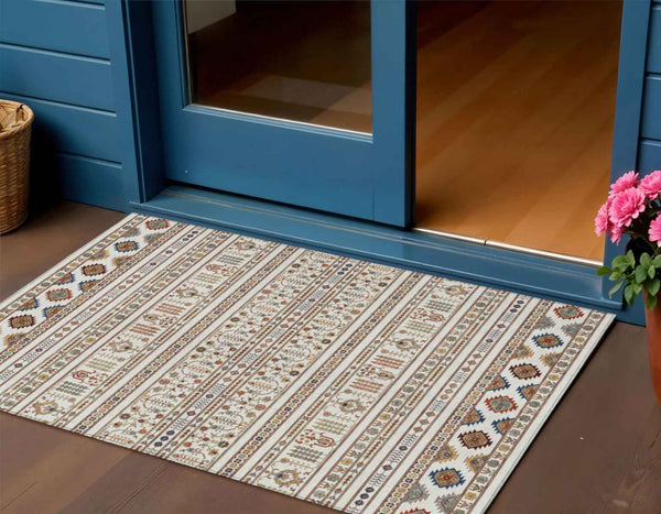 3' X 5' Ivory Blue And Copper Tribal Washable Indoor Outdoor Area Rug