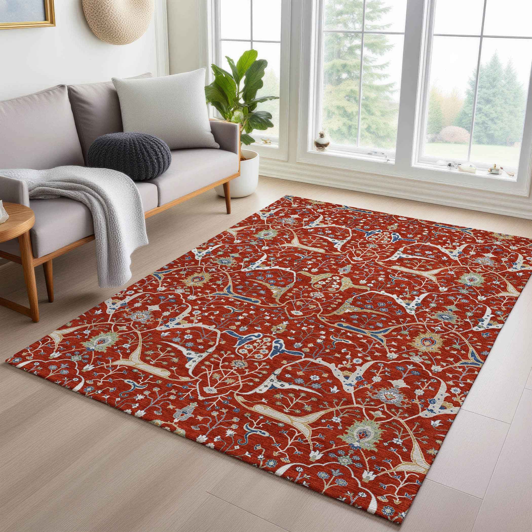 3' X 5' Red Blue And Ivory Floral Washable Indoor Outdoor Area Rug
