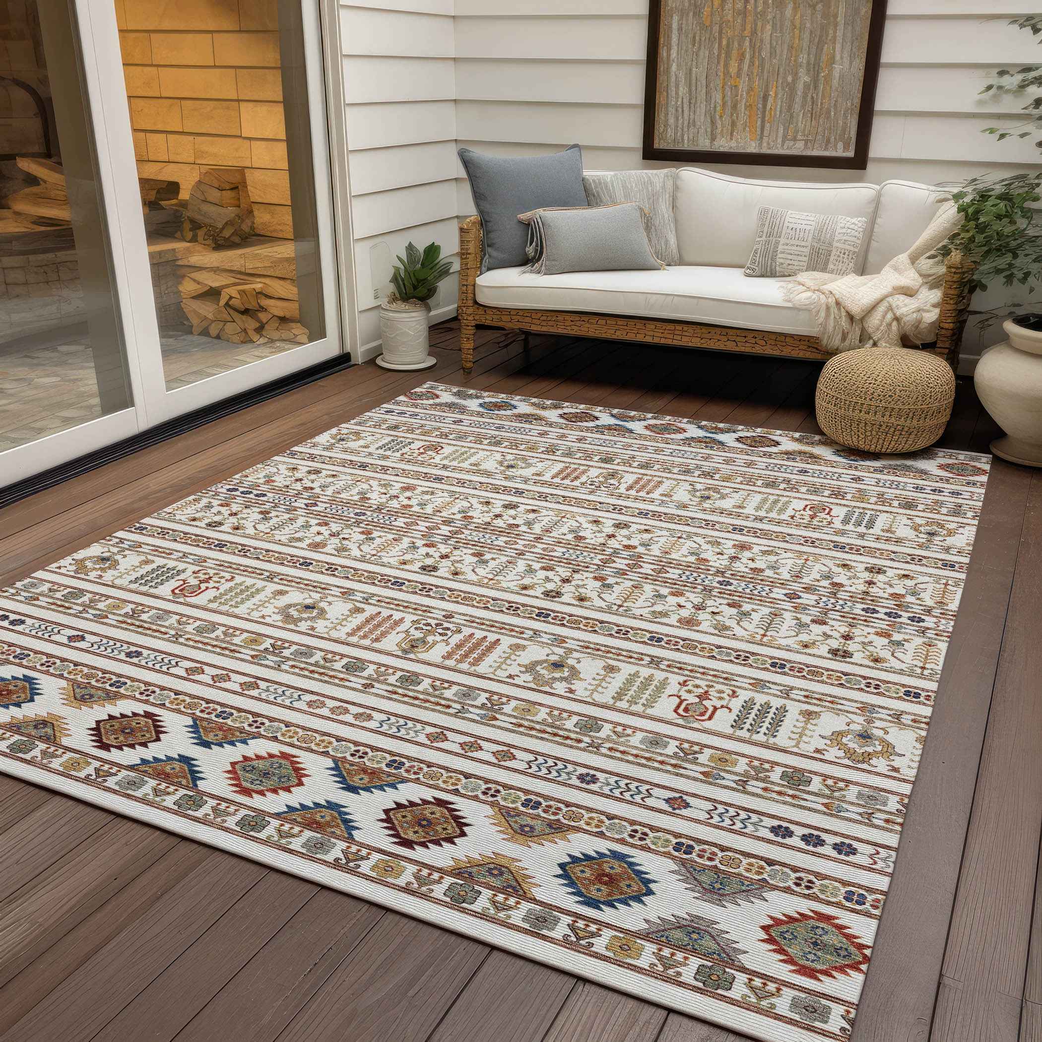 3' X 5' Ivory Blue And Copper Tribal Washable Indoor Outdoor Area Rug