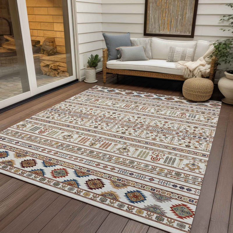 3' X 5' Ivory Blue And Copper Tribal Washable Indoor Outdoor Area Rug
