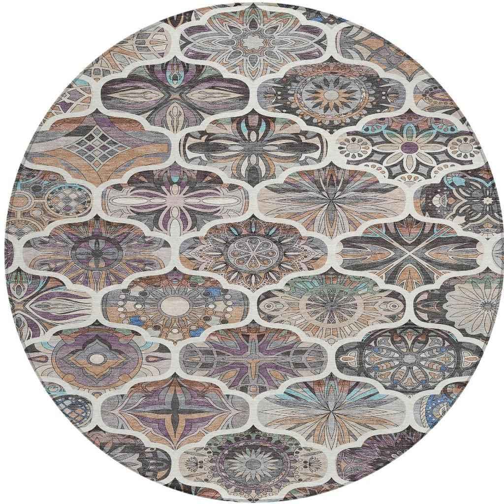 8' Gray Lavender And Ivory Round Quatrefoil Washable Indoor Outdoor Area Rug