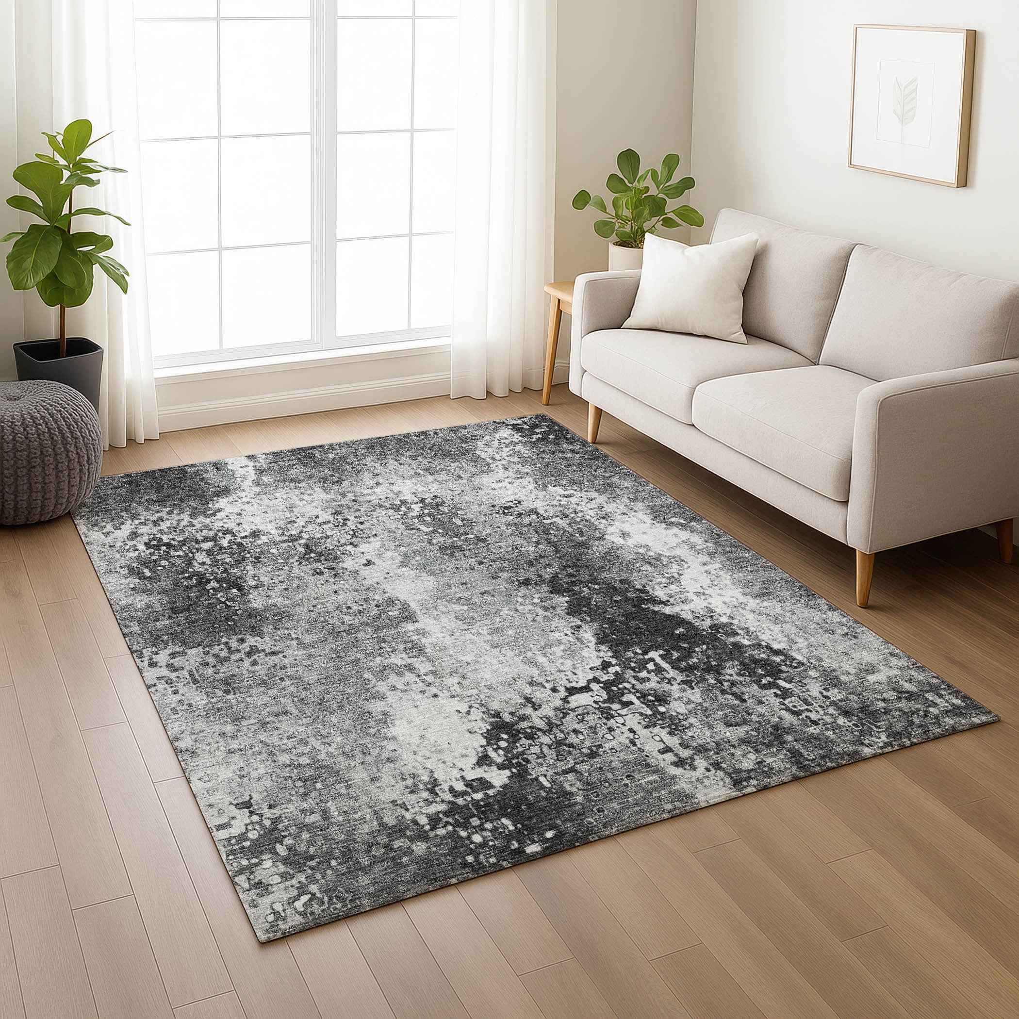 8' X 10' Gray And Silver Abstract Washable Indoor Outdoor Area Rug
