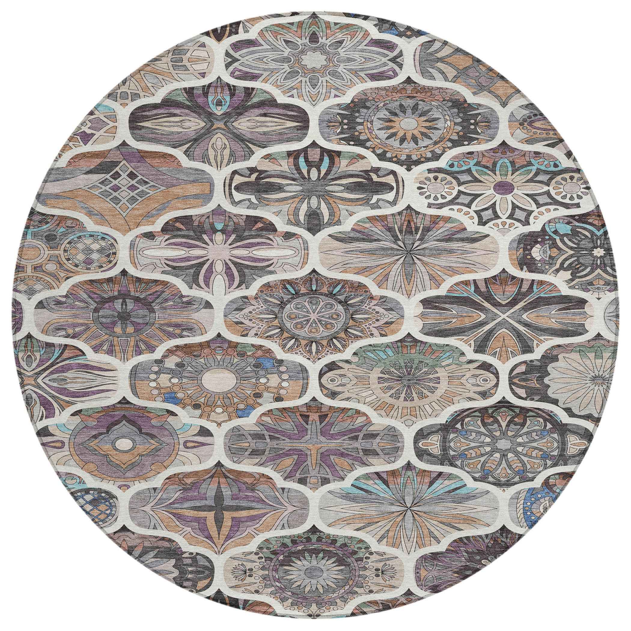 8' Gray Lavender And Ivory Round Quatrefoil Washable Indoor Outdoor Area Rug